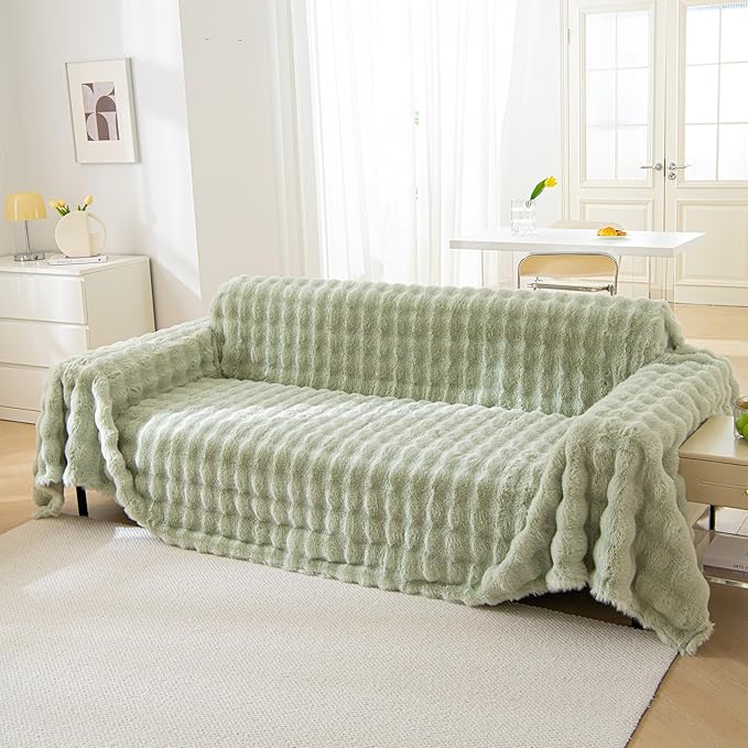 VM VOUGEMARKET Thick Faux Rabbit Fur Couch Cover 1-Piece Non-Slip Warm Soft Cozy Sofa Covers,Fluffy Plush Sofa Slipcover Furniture Protector for Kids,Pets(Green,71" x 118")