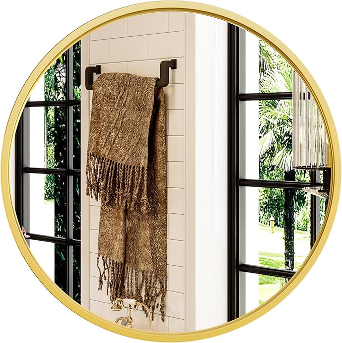 Growsun 30'' Gold Round Mirror, Circle Wall Mirror for Bathroom Vanity, Entryway Living Room with Metal Frame for Home Decor