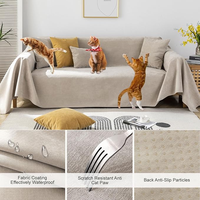 STACYPIK Waterproof Beige Sofa Cushion Covers Dog Couch Cover for 3-4 Cushion Couch Water Resistant Slipcover Furniture Protector Non-Slip Pet Protector Cover Leak Proof Couch Cover-71X134IN