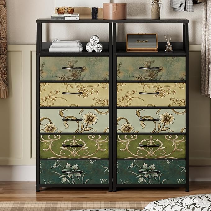 Furnulem Retro 5 Drawers Dresser, Tall Dressers for Bedroom, Closet, Hallway, Nursery, Fabric Storage Tower Organizer, Vertical Nightstand Side Table Furniture, Steel Frame, Wood Top