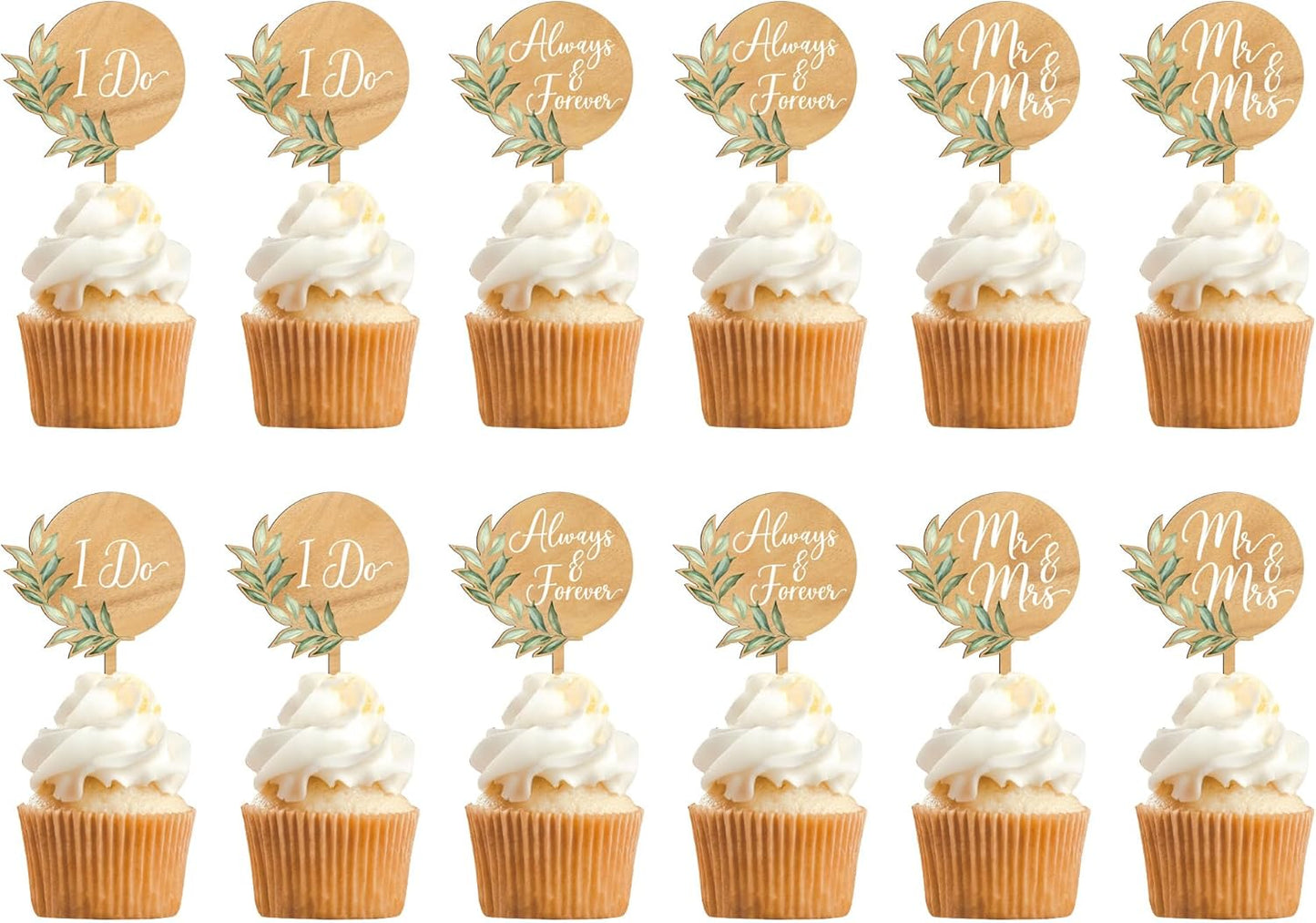 12 PCS Wedding Cupcake Toppers Green Mr & Mrs Wedding Cake Cupcake Decorations in Wood