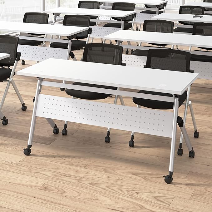 Bush Business Furniture Folding Training Table Set for 2, 72 inch, 2 Mesh Back Folding Chairs, Commercial-Grade Bundle for Office or Classroom, Envision Collection, White