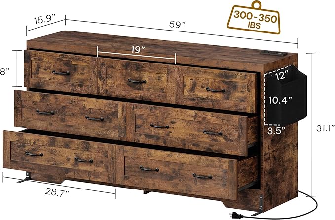 YITAHOME Rustic Brown Drawers TV Stand for 65 inches with Power Outlets -Chest of Drawers Dresser with Side Organizer Bag Entertainment Center TV Console