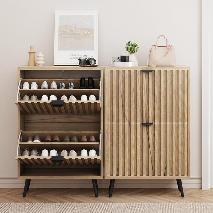 Smuxee Shoe Cabinet with 2 Flip Drawers, 23.6" Natural Hidden Shoe Storage Cabinet with Fluted Design, Freestanding Shoe Organizer Cabinet for Entryway, Hallway, Closet, Living Room