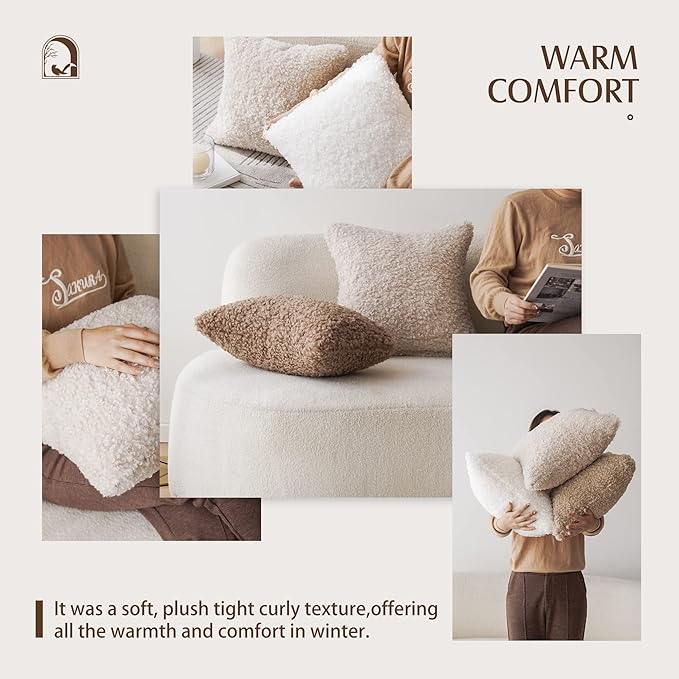 Foindtower 2 Pieces 26x26 Inch White, Faux Fur Throw Pillow Cover Accent Sherpa Pillow Fuzzy Soft Pillowcases Sheepskin Decorative Fleece Cushion Case for Bed Couch Living Room