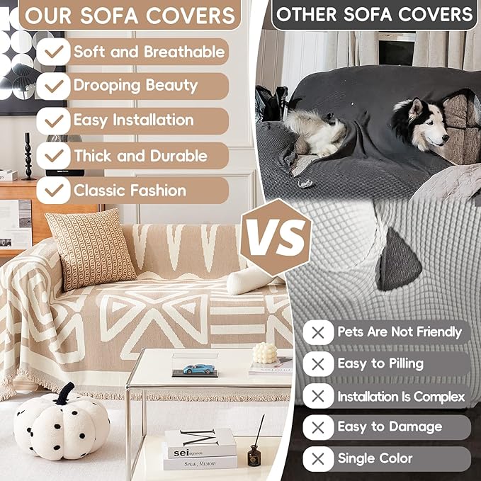 STACYPIK Khaki Beige Sofa Cover for Dogs Cats Boho Couch Cover for 3 Cushion Couch Soft Plaid Triangle Couch Cover Reversible Furniture Protector Loveseat Cover Non Slip Sectional Couch Cover-91X118IN