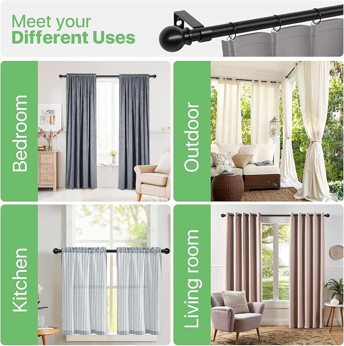 Black Curtain Rods for Windows 48 to 84, Adjustable Curtain Rod Set - Image 7