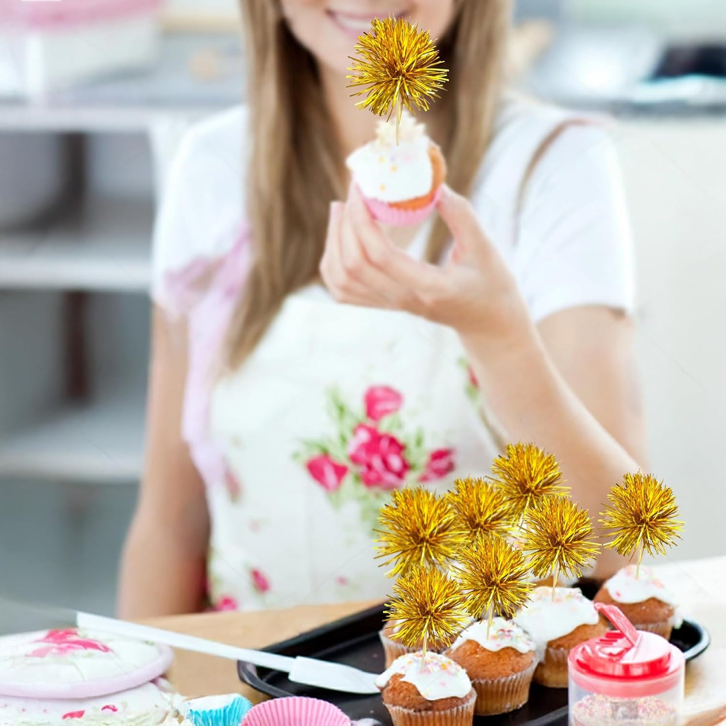 Gyufise 30Pcs Foil Firework Cupcake Toppers Sparkle Tinsel Cake Toppers Tinsel Drink Cake Decoration Cocktail Picks for Birthday Wedding Graduation Party Supplies Dark Gold