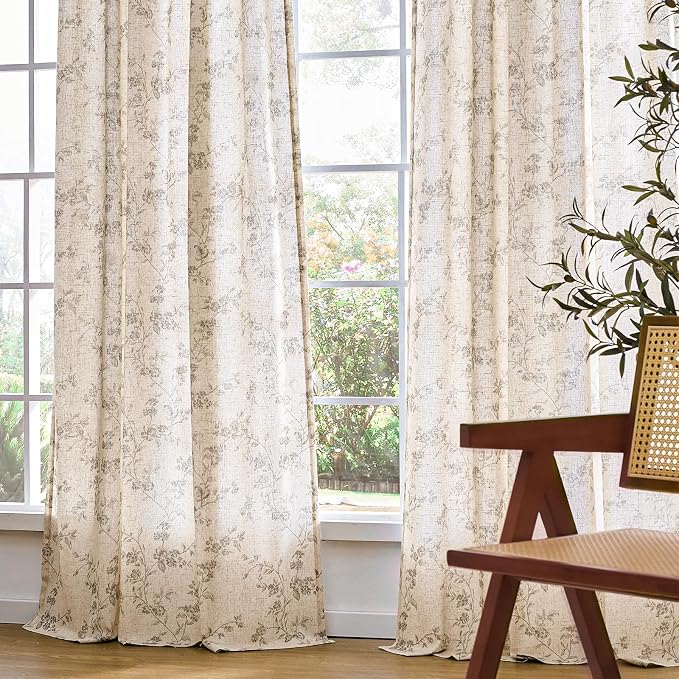 Lazzzy Grey Floral Linen Curtains 84 Inch Length Farmhouse Curtain Back Tab - Image 7