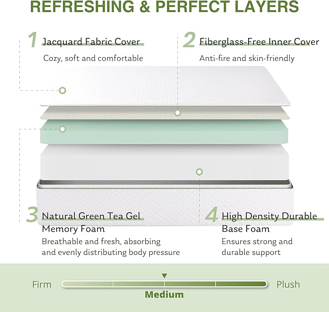 6 Inch Queen Size Mattress for Kids, Memory Foam Mattress with Cooling Green Tea Gel, Relieve Pressure with Medium Firm Support, CertiPUR-US Certified, 80''L x 60''W, White