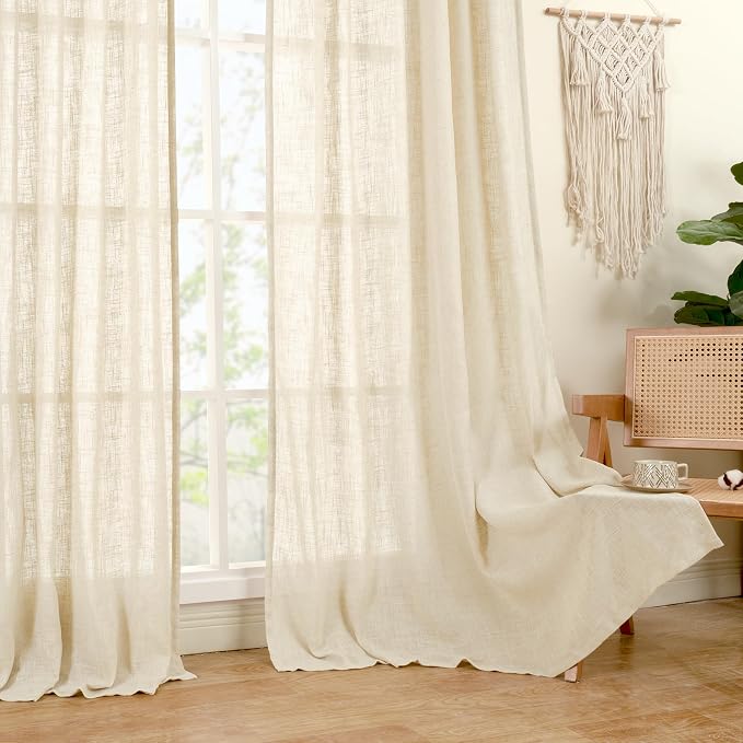 LAMIT Linen Curtains 63 Inch for Bedroom, Light Filtering Neutral Semi Sheer - Image 9
