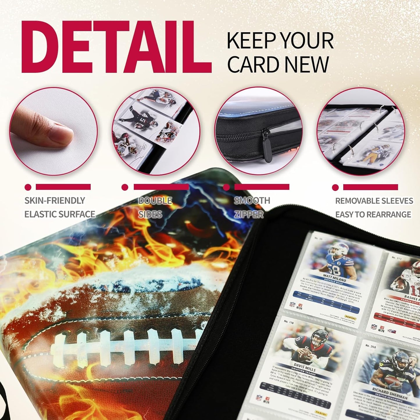 1080 Pockets Football Card Binder 9 Pocket, Trading Card Binder with 60 Page Removable Sleeves, Zipper Card Book Album Holder[PROTECTIVE][PLEASANT TOUCH SURFACE]