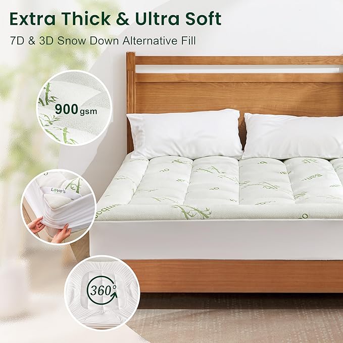 Love's cabin Full Size Mattress Topper, Rayon Derived from Bamboo, 900 GSM Mattress Topper Pad, Thick Pillow Top Mattress Pad with Stretches up 8"-20" Deep Pocket(54"x75"), Green