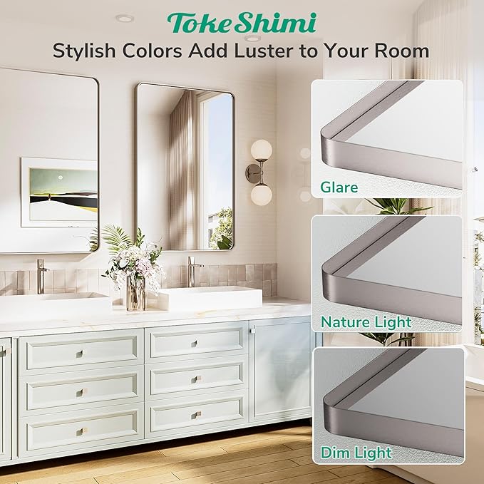 TokeShimi Brushed Nickel Bathroom Mirror 22x30,HD Tempered Glass,Silver Bathroom Vanity Mirror for Over Sink,Aluminum Framed Mirror Wall(Horizontal/Vertical)