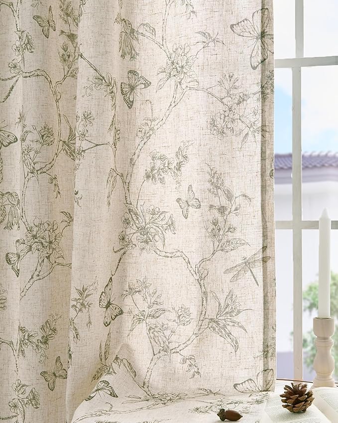 jinchan Floral Linen Curtains for Living Room 63 Inch Length Butterfly Sage - Image 9