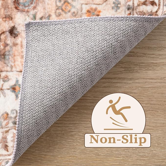 SERISSA 4x6 Boho Bedroom Rug, Washable Non Slip Vintage Peach Cream Area Rugs - Image 3