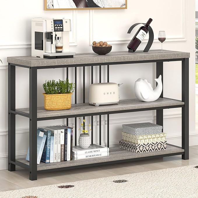 FOLUBAN Console Tables for Entryway, Sofa Table with 3 Tier Storage for Living Room Hallway Foyer Behind Couch, Rustic Light Grey