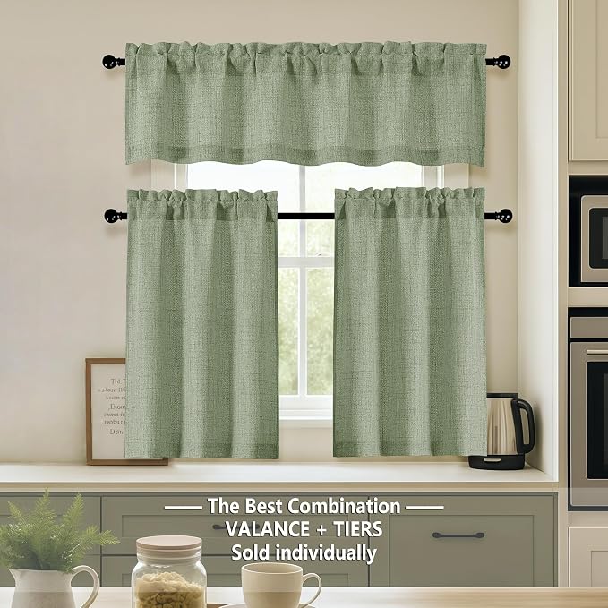 OVZME Green Valance for Windows, Light Filtering Faux Linen Textured Small - Image 2