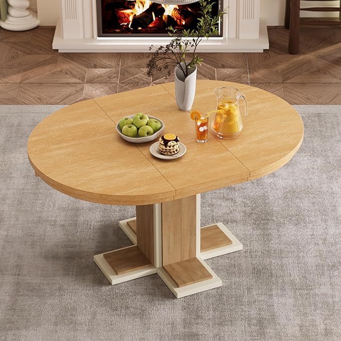 Ball & Cast Farmhouse Extendable Dining Table for 4-6, 42"-58" Extendable Kitchen-Table with a 16" Leaf, Round Ellipse Retro Wood Dining Room-Table w/Double Layer Base,Two Tone Color, Natural