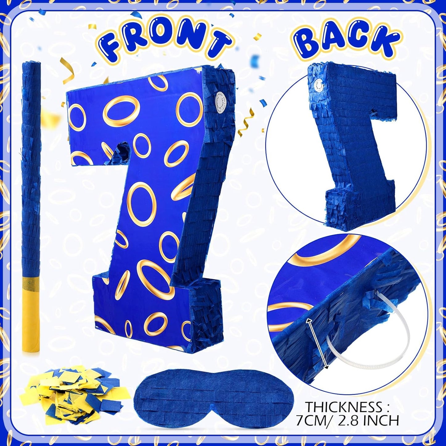 Number 7 Blue and Golden Rings Piñata for Kids Birthday Cartoon Theme Small Piñata with Blindfold Stick Confetti for Fiesta Cinco De Mayo Party Decor, 15.8 x 11 x 2.8 Inch