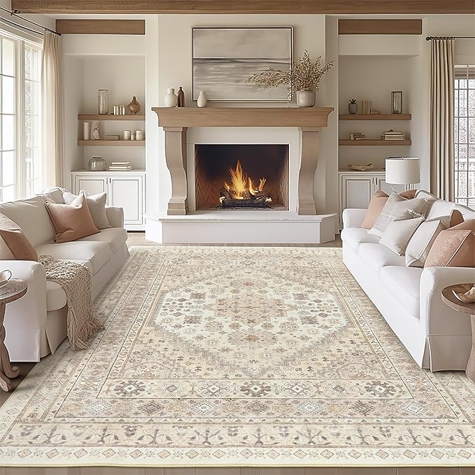 zesthome 10x12 Area Rugs,Stain Resistant Washable Rug,Ultra-Thin Rugs for Living Room,Bedroom,Non-Slip Backing Home Decor Large Area Rug (Cream/Beige,10'x12')