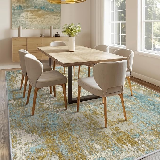 Washable Area Rugs 8'x10' Non-Slip Modern Abstract Soft for Living Room Entryway Bedroom Nursery, Print Pattern, Teal Blue Taupe