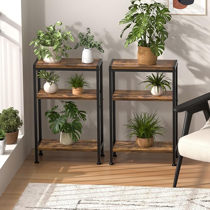 Narrow Side Table for Small Space, 3-Tier Small End Table with Shelf Holder, Slim Nightstand, Skinny Snack Couch Table in Living Room, Bedroom, Study, Kitchen and Balcony（Rustic Brown