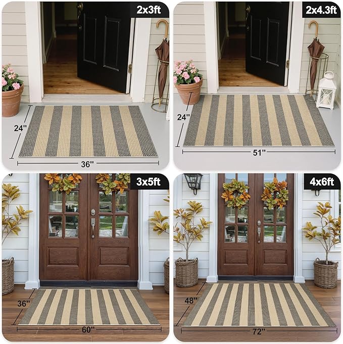 OJIA Tan Washable Outdoor Rug 3'x5', Fall Front Door Mat Outside Entrance Cotton Woven Halloween Doormat Indoor Outdoor Rugs Striped Entryway Rugs Small Outdoor Door Mats for Porch Patio Kitchen Entry