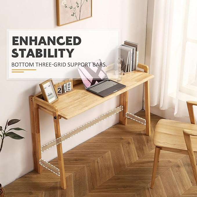 Solid Wood Folding Desk Mid Century Modern Table, 47'' Foldable Writing Computer Desk for Home Office, Simple Study Makeup Workstation, Wooden Study Office Desk Table for Small Spaces, Natural Color