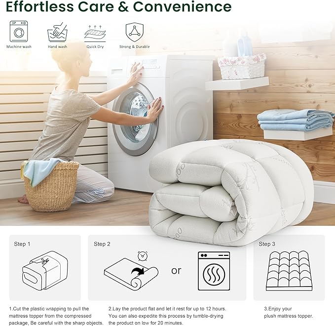 Love's cabin Twin Mattress Topper, Rayon Derived from Bamboo, 900 GSM Breathable Mattress Topper Pad, Thick Pillow Top Mattress Pad Stretches up with 8"-20" Deep Pocket(39"x75")