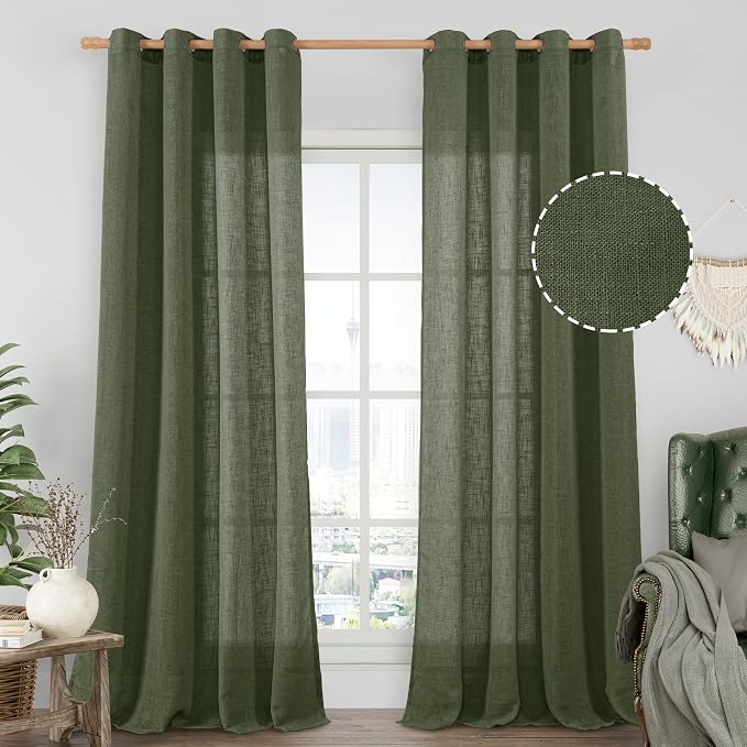 LAMIT Olive Green Sheer Linen Curtains 84 Inches Long by LAMIT