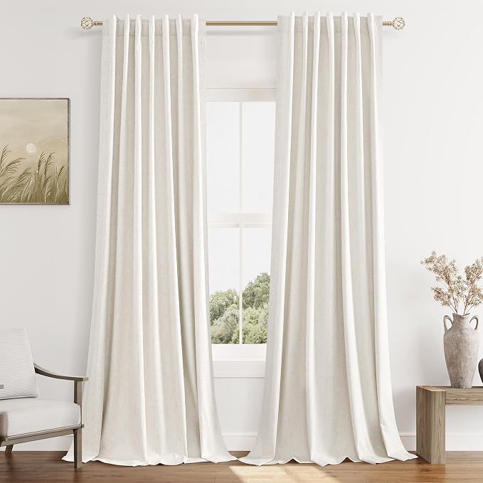 Beige White 100% Blackout Linen Curtains 90 Inch Length 2 Panels Set by Guken
