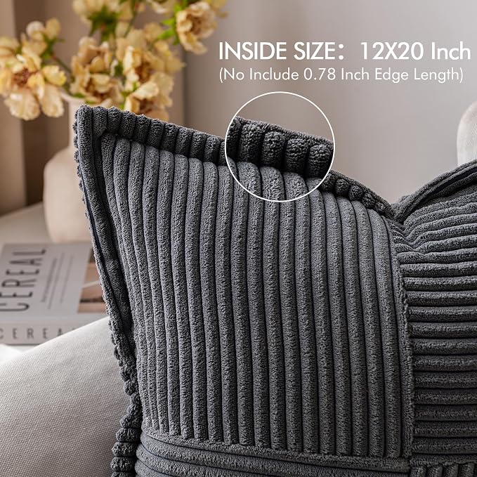 MIULEE Dark Grey Corduroy Lumbar Pillow Covers 12x20 Inch 12x20 Inch - Image 2