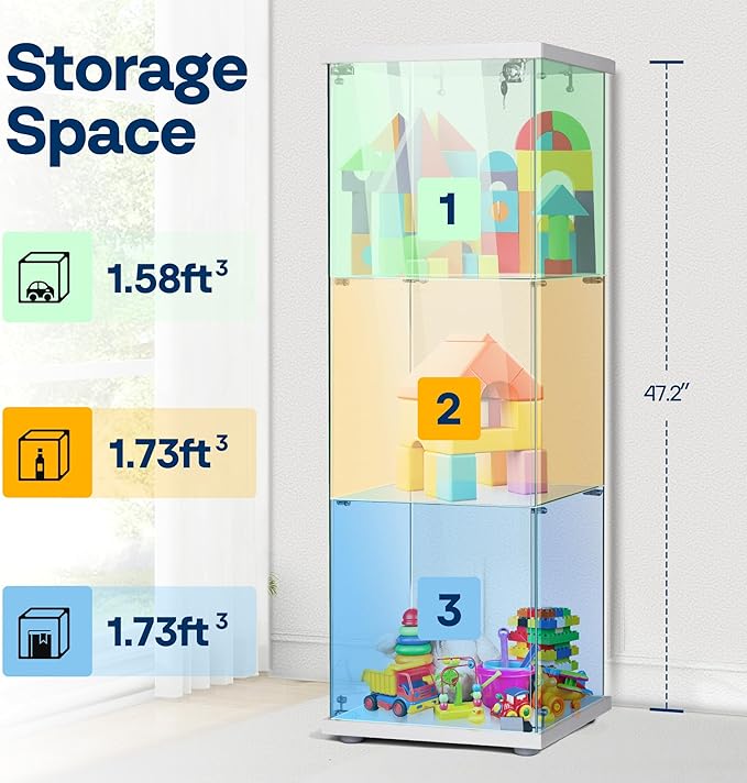 VIVOHOME 3 Layers 15.7''W x 15.7''D x 47.2''H Glass Display Cabinet Countertop Showcase with Lock, 5mm Tempered Glass 25mm MDF Base