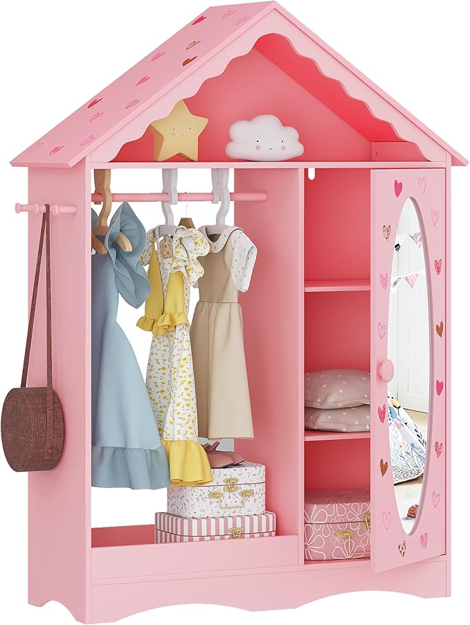 UTEX Kids Dress Up Storage with Mirror, Kids Wardrobe Closet, Dress Up Armoire for Little Girls, Open Hanging Costume Organizer with Storage Cabinet for Kids Room, Playroom