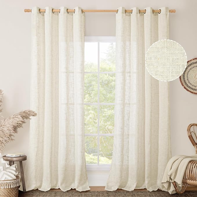 LAMIT Sheer Linen Curtains for Living Room 95 inch Long 2 Panels, Light - Image 2