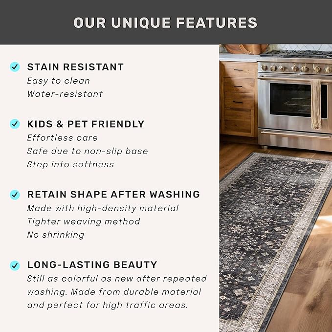 Black Boho Rug for Living Room 8x12 - Washable Dining Room Rugs for Under Table, Vintage Soft Low Pile Carpet for Bedroom, Non-Slip Farmhouse Bohemian Large Thin Carpet for High Traffic Area