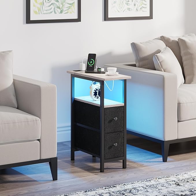 End Table Set 2 with Charging Station, Narrow Side Table with 2 Fabric Drawers, Skinny Nightstand with LED Light, Slim Bedside Table for Bedroom, Living Room, Small Spaces, Greige and Black