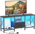 LED TV Stand with Fabric Drawer, Entertainment Center for 50 55 Inch TV, Industrial TV Console Table with Open Storage Shelves for Living Room, Bedroom, Black