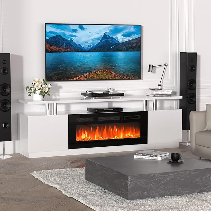 70'' Fireplace TV Stand, Entertainment Center with 36'' Firplace, 2 Tier TV Console Cabinet with Storage Cabinet, Electric Fireplace Heater with LED Light and 12 Flame Colors, White