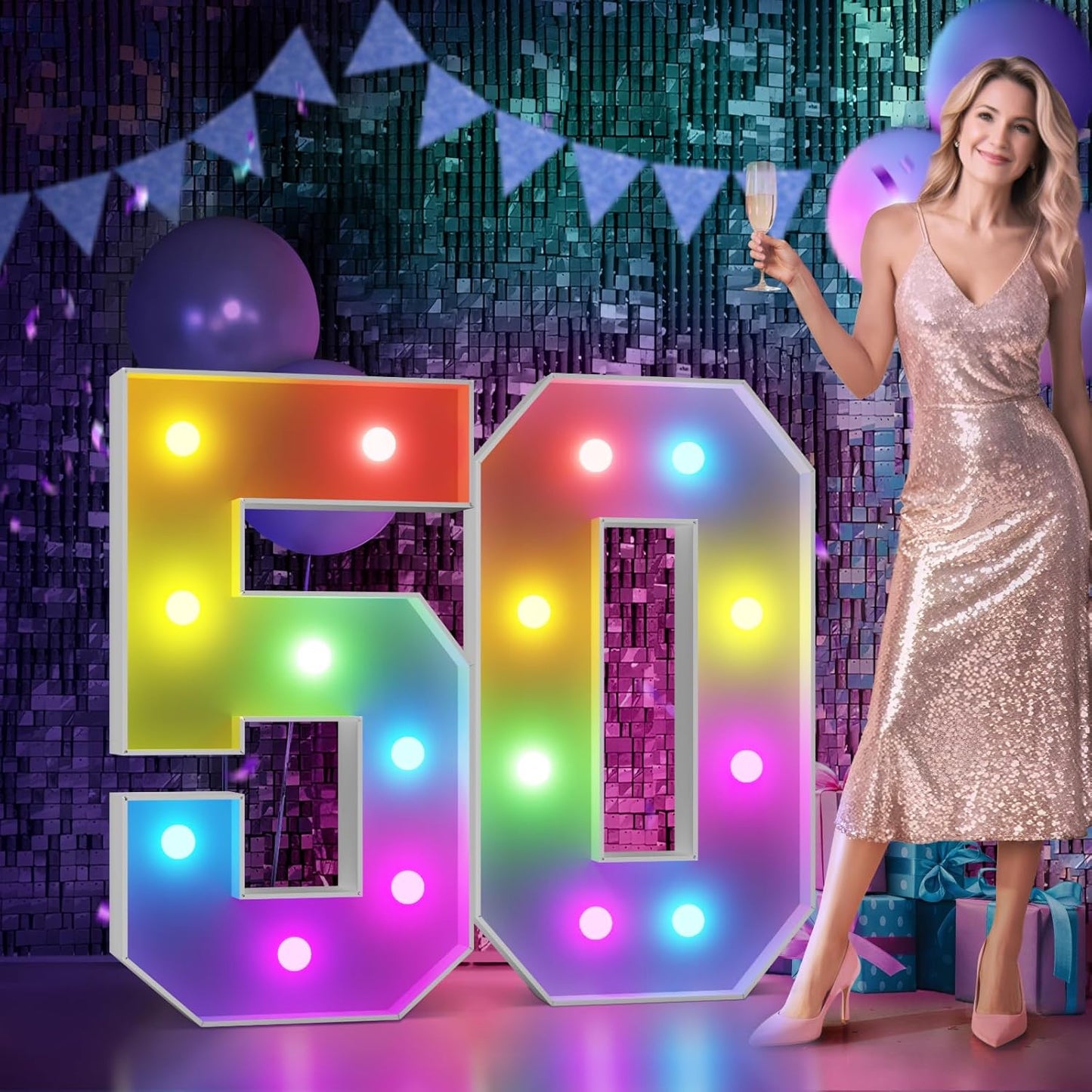 Marquee Numbers 50th-Birthday Decoration: Colorful 3FT Large Light Up 50 Year Old Birthday Decorations Anniversary Backdrop for Boys Girls Cardboard Sign 18 Colors Number 50 Mosaic Balloon Frame