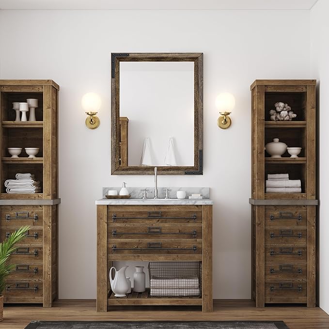YOSHOOT Farmhouse Bathroom Mirror, Rustic Wooden Framed Mirror, Wood Vanity Mirror, Solid Wood & Handmade, Vertical or Horizontal Hanging for Bathroom Entryway Living Room Bedroom, 32" x 24", Brown