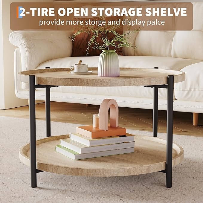 Round Coffee Table for Living Room, Rustic Wood Desktop Center Table with Sturdy Metal Legs, 2-Tier Circle Coffee Table with Storage Shelf, Small Space Center Sofa Table, Modern Home Furniture
