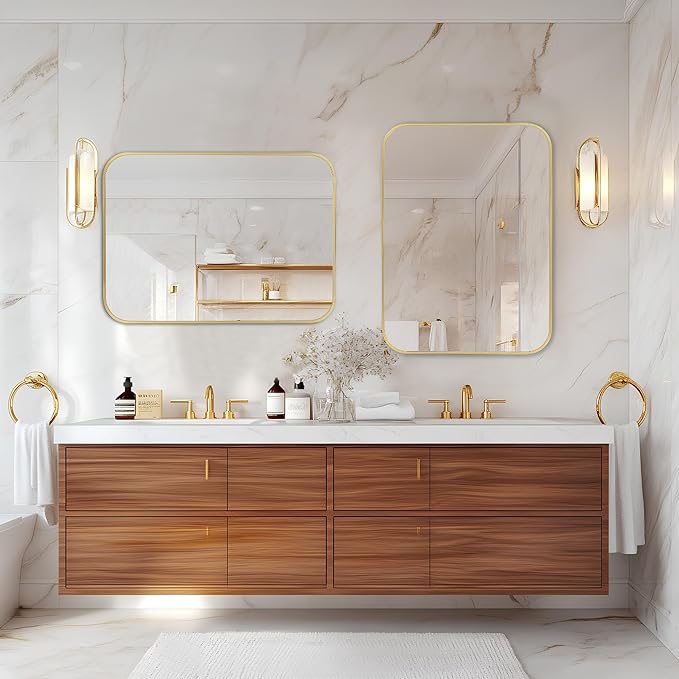 MZON 20x30 Inch Brushed Gold Vanity Mirror, Rectangle Bathroom Mirrors for Over Sink, Anti-Rust Frame & Tempered Glass, Hangs Horizontally/Vertically - Ideal for Small Bathroom or Powder Room