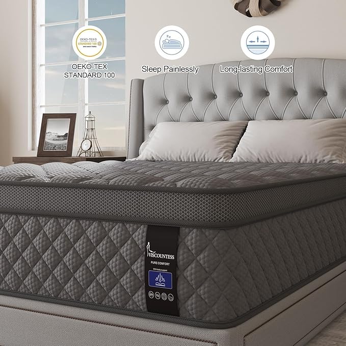 Twin Mattress, 14 Inch Hybrid Mattresses Grey Euro Top Medium Firm for Back & Lumbar Support, 100 Night Trial, Individual Pocket Spring Bed for Motion Isolation & Pressure Relief