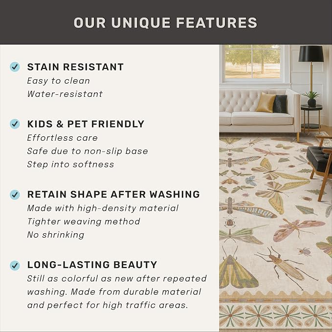 Hazo Haus 3x5 Washable Non-Slip Bathroom Rug, Colorful Insect Rug - Image 7
