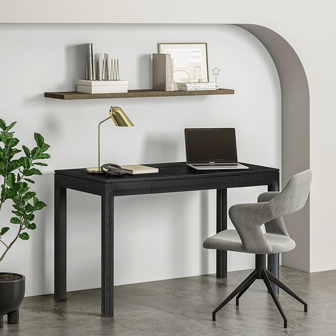 NTC Flow Modern Wooden Rectangle Desk Table with Hidden Drawer – Waterproof & Heat Resistant, Burnt Black