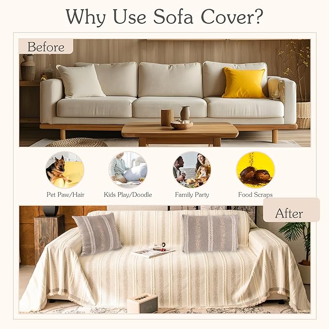 Couch Cover for Dogs Washable Sofa Cover, Sectional Couch Covers, Sofa Covers for 2 Cushion Couch, Non Slip Stripe Sofa Slipcovers Furniture Protector, Couch Protector from Cat Claws, Beige,71''x102''