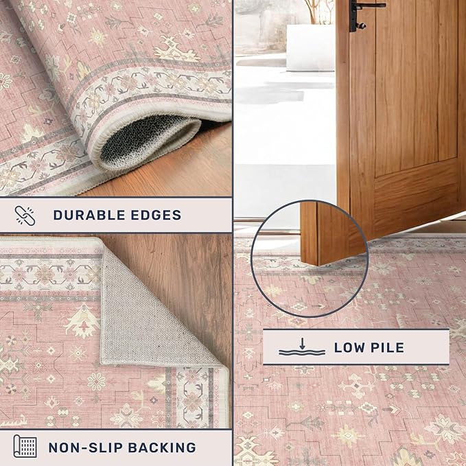 Washable 8x10 Blush Pink Rug for Bedroom Girls Dorm, Floral Retro Living Room - Image 5