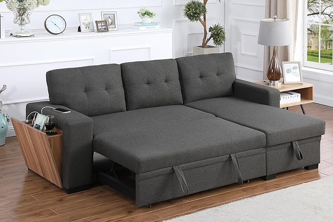 Devion Furniture Maison 4-in-1 Convertible L Shaped Couch with Pull Out Bed and Storage, Sectional Sleeper Sofa with Reversible Chaise for Living Room, Apartment, Bedroom, Office